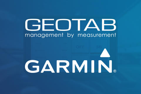 Geotab and Garmin logo on dark blue background