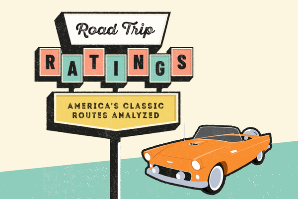 Illustration of vintage orange convertible behind sign that says "Road Trip Ratings America's Classic Routes Analyzed"