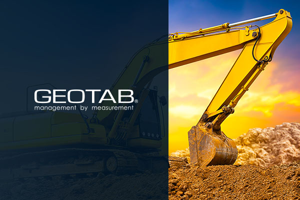 Continental crane with shovel digging up mountain of dirt with Geotab logo