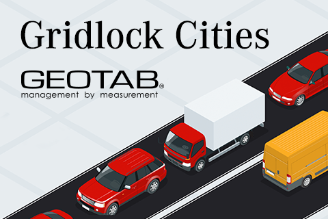 animated cars sitting in traffic with the content Gridlock Cities and Geotab logo 