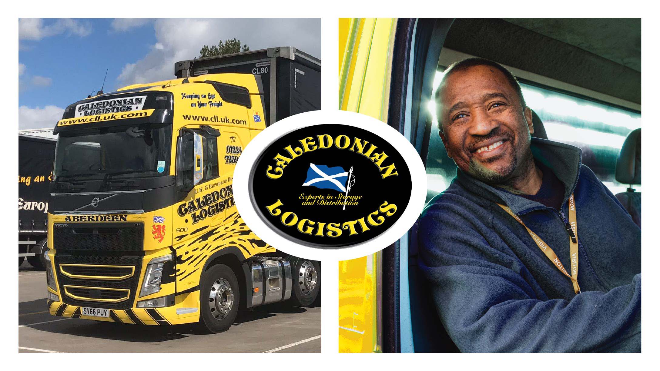 Caledonian logo, truck, and employee