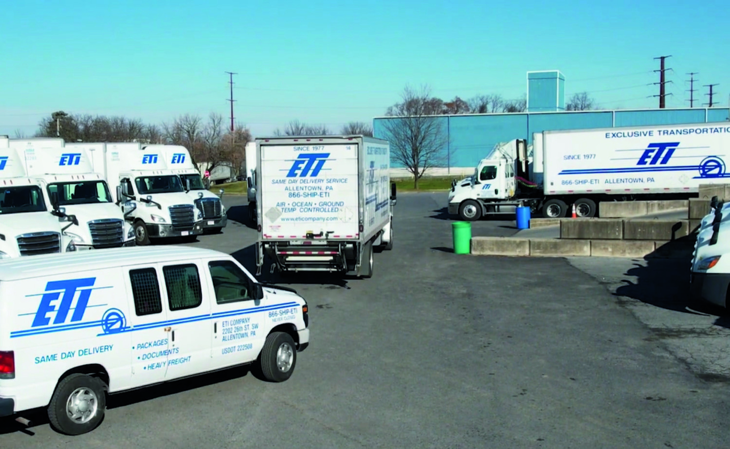 ETI box trucks, tractor trailers and delivery vans parked at the company's Allentown, Pennsylvania yard