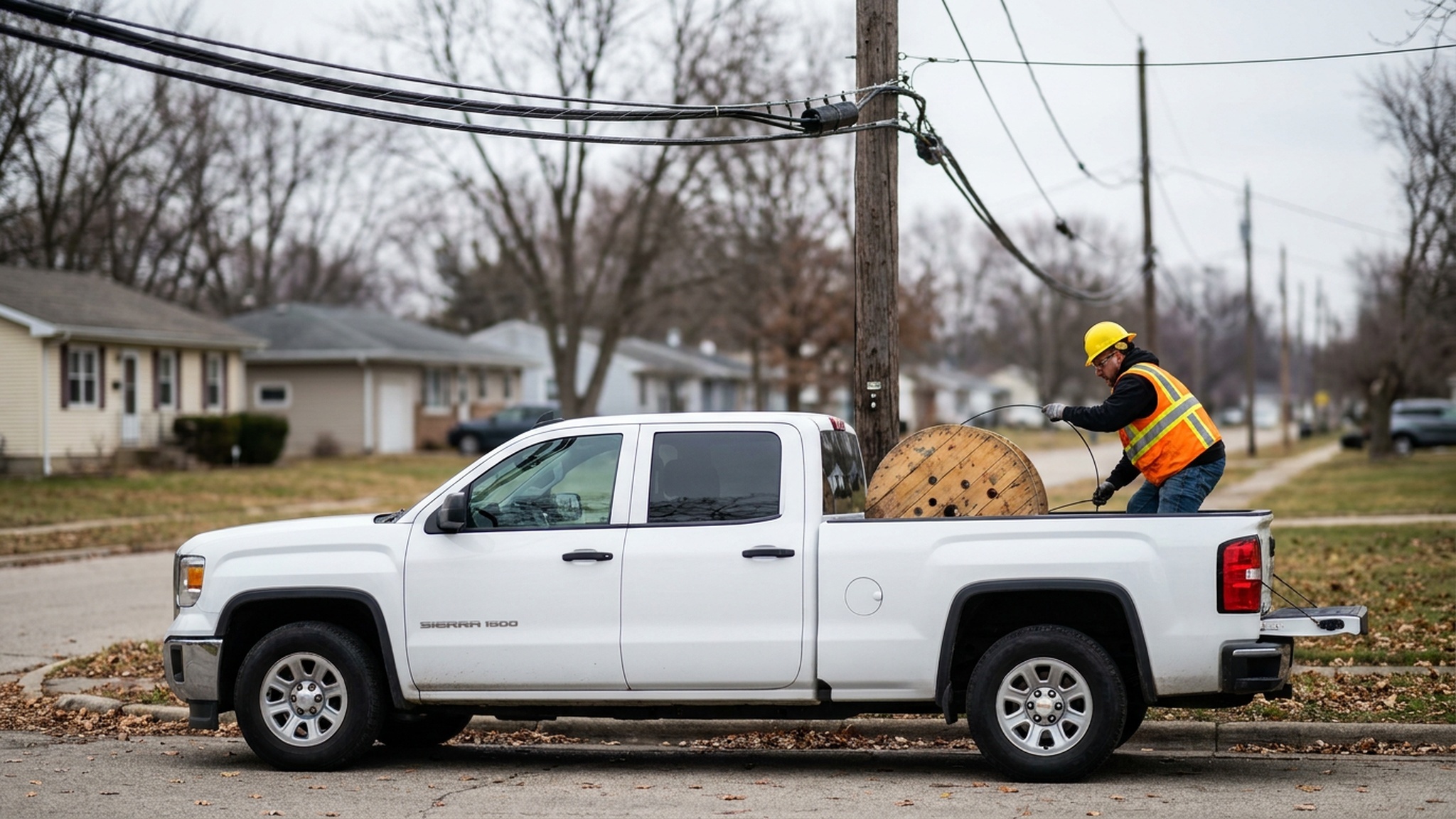 white pickup truck with a construction worker next to it