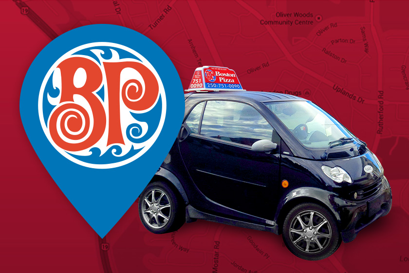 Black car on red background with GPS icon with Boston Pizza logo inside it