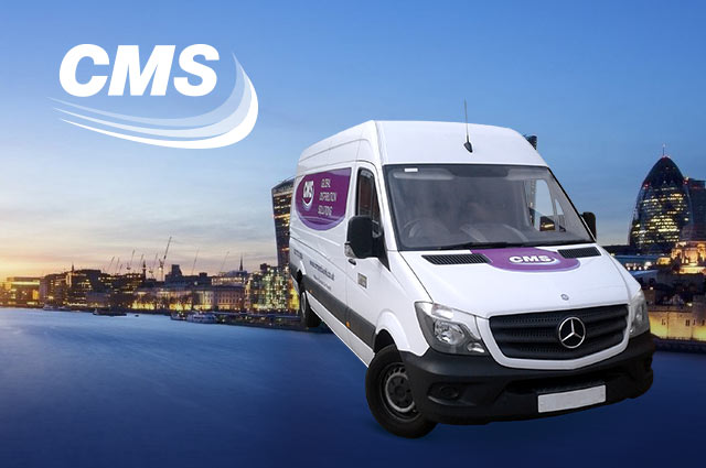 White delivery van with cityscape background and CMS logo in left hand corner.