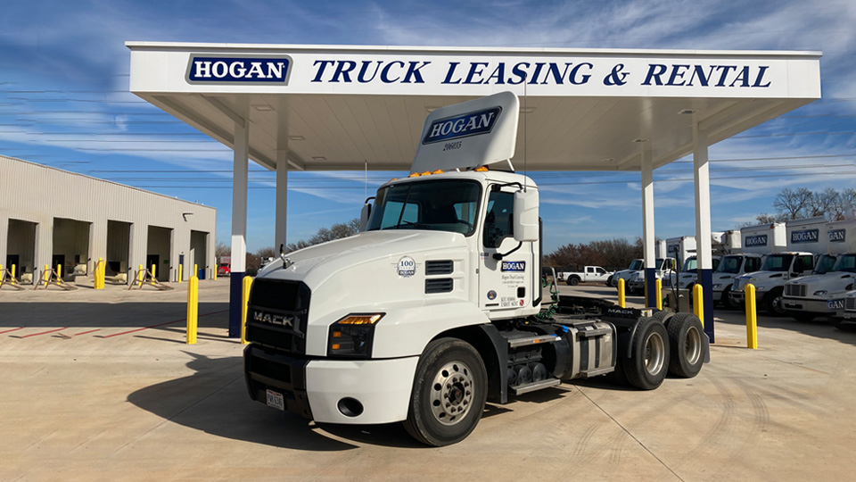Hogan Truck parked outside Hogan Truck Leasing center