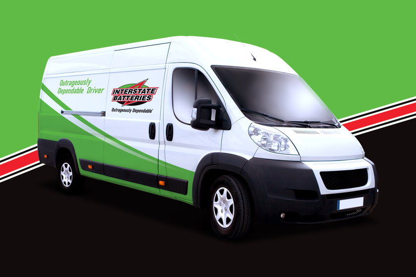 Interstate Batteries-branded van on a green and black background