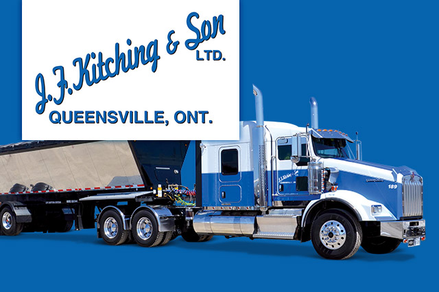 Blue transport truck with company logo in left hand corner and blue background. 