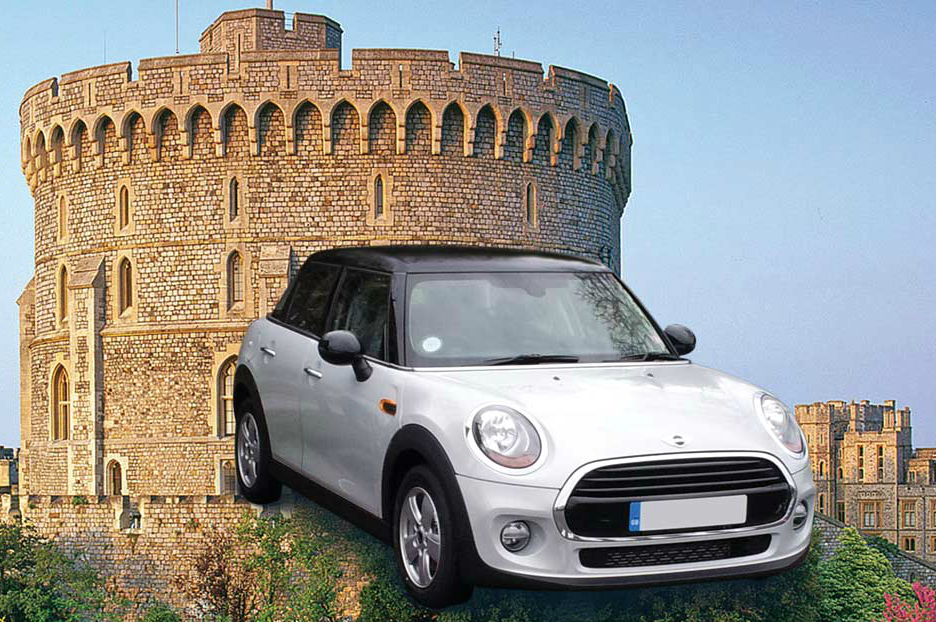 A BMW Mini Cooper superimposed in front of a castle
