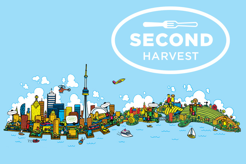 Illustration of Toronto skyline on a blue background with a white Second Harvest logo above it