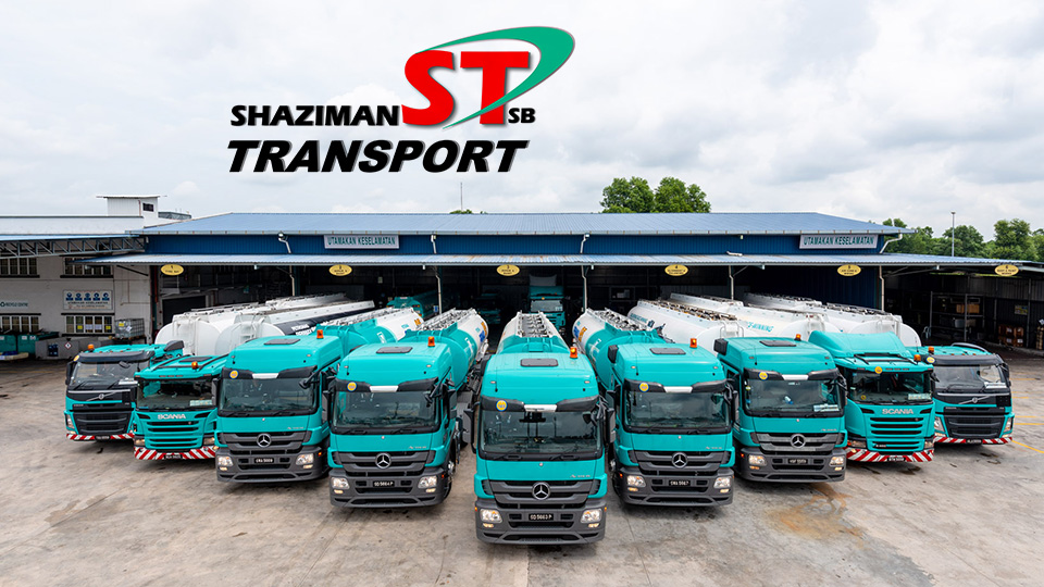 Shaziman transport trucks lined up with a shaziman logo at the top