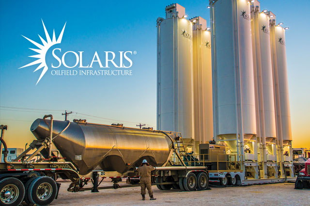 Oil trucks with oil storage containers behind it and logo in the left hand corner. 