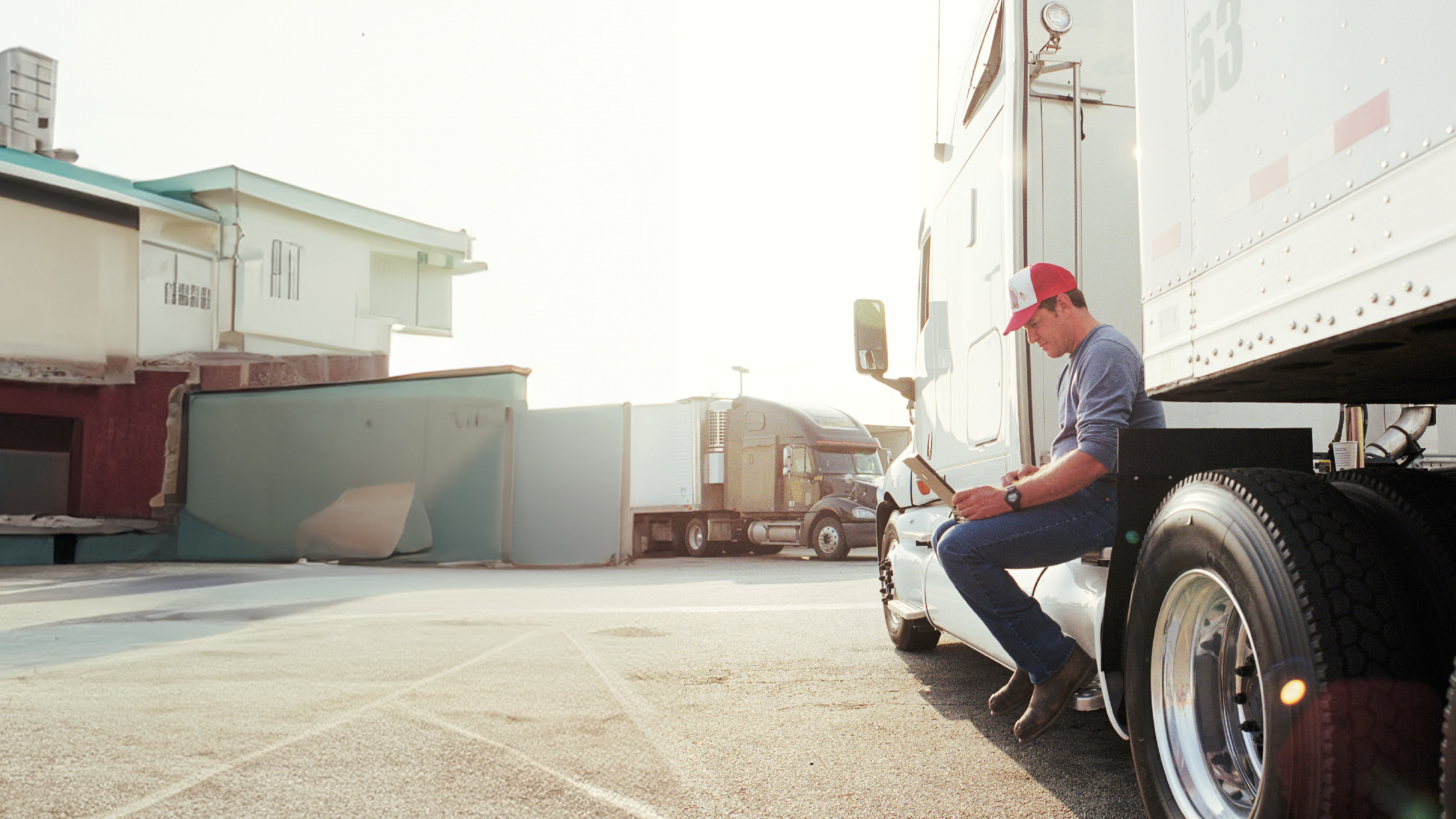 california freight logo with a person sitting on a truck working on laptop