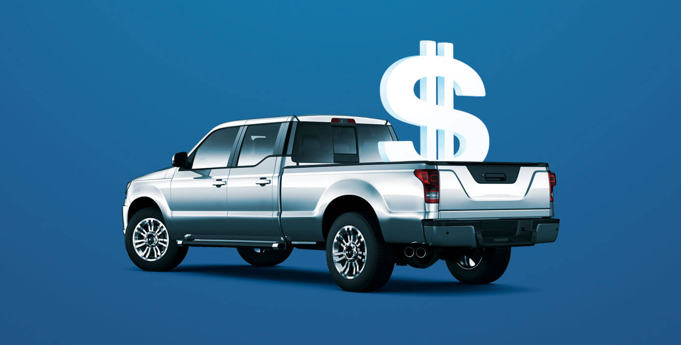 Silver truck with a dollar sign in the cargo bed and a blue background. 