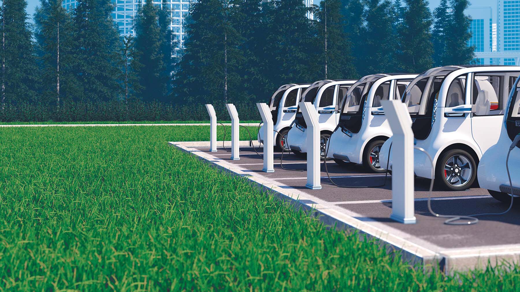 Bild von futuristischen Bussen, die auf EV-Ladestationen geparkt und geladen werden
