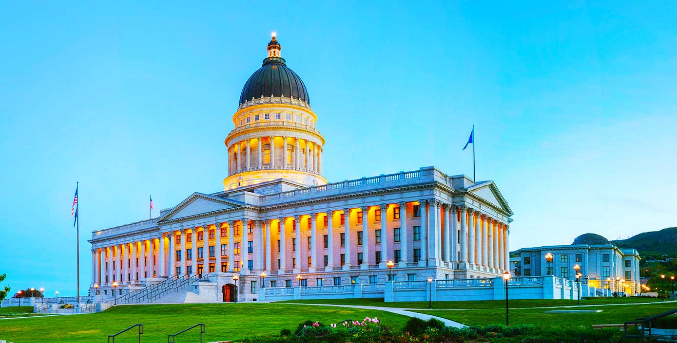 Utah state building with blue sky behind it