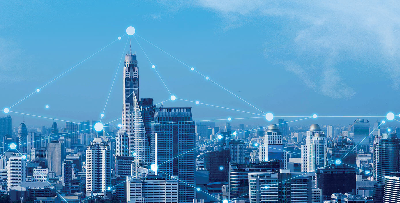 Data points connecting over city landscape