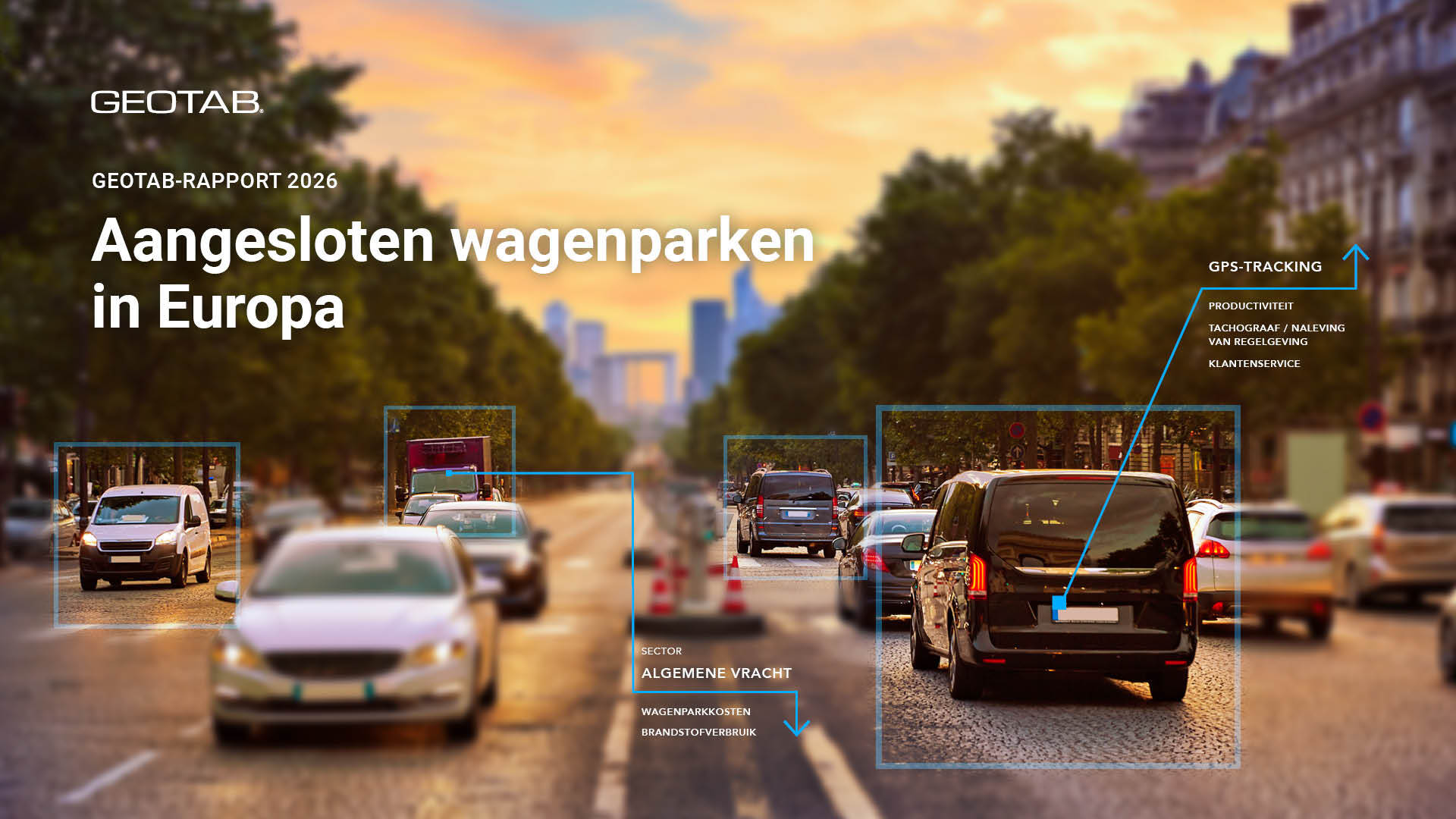 Omslag van het Geotab-rapport 2026 "Connected fleets in Europe", met voertuigen in een stadsstraat bij zonsondergang die zijn omkaderd door digitale GPS-trackingafbeeldingen