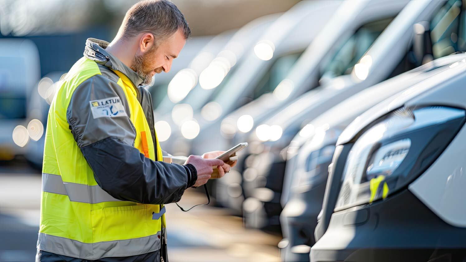 worker in yellow vest using a phone standing in front of vans