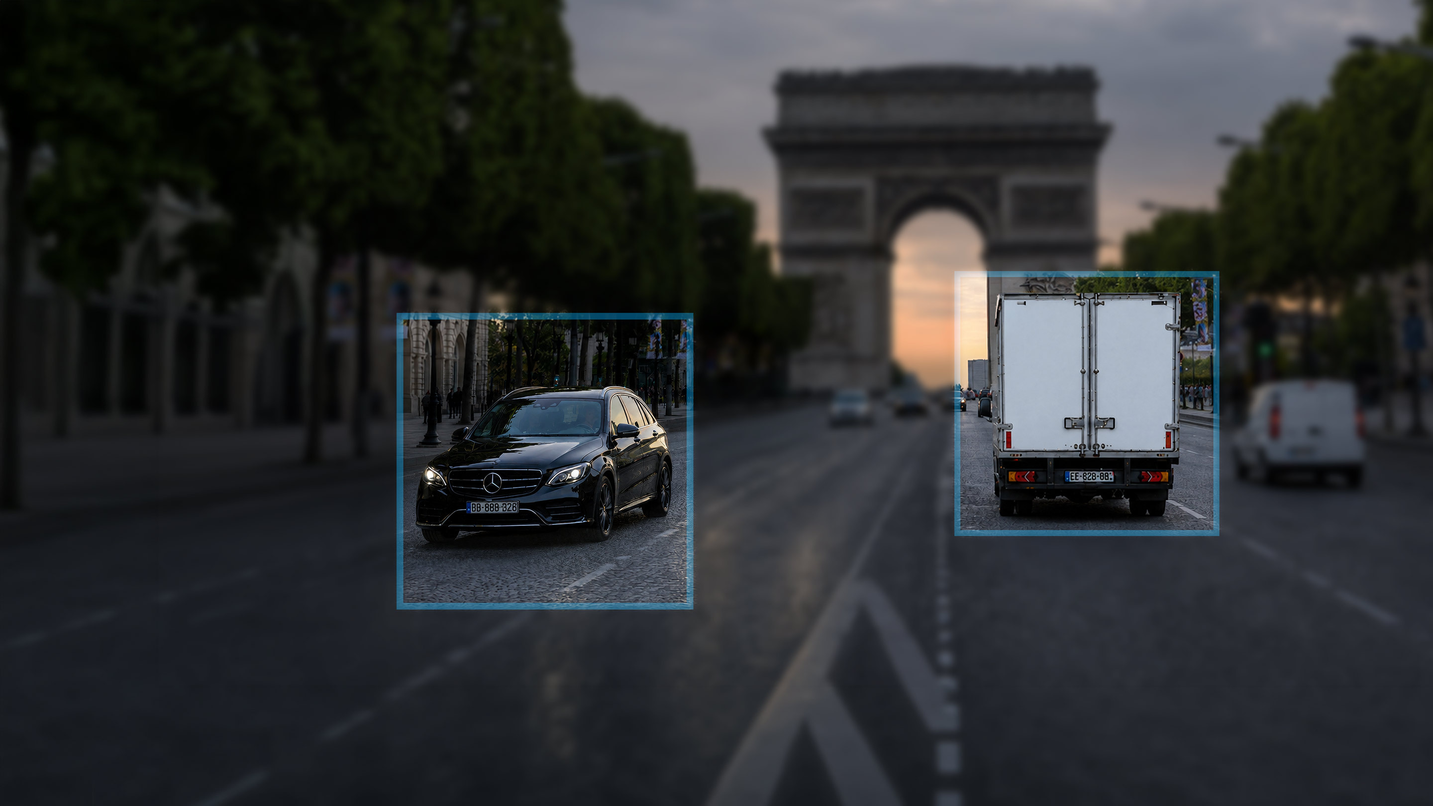 Des véhicules utilitaires dans une rue en France, chacun encadré par un repère de détection télématique.