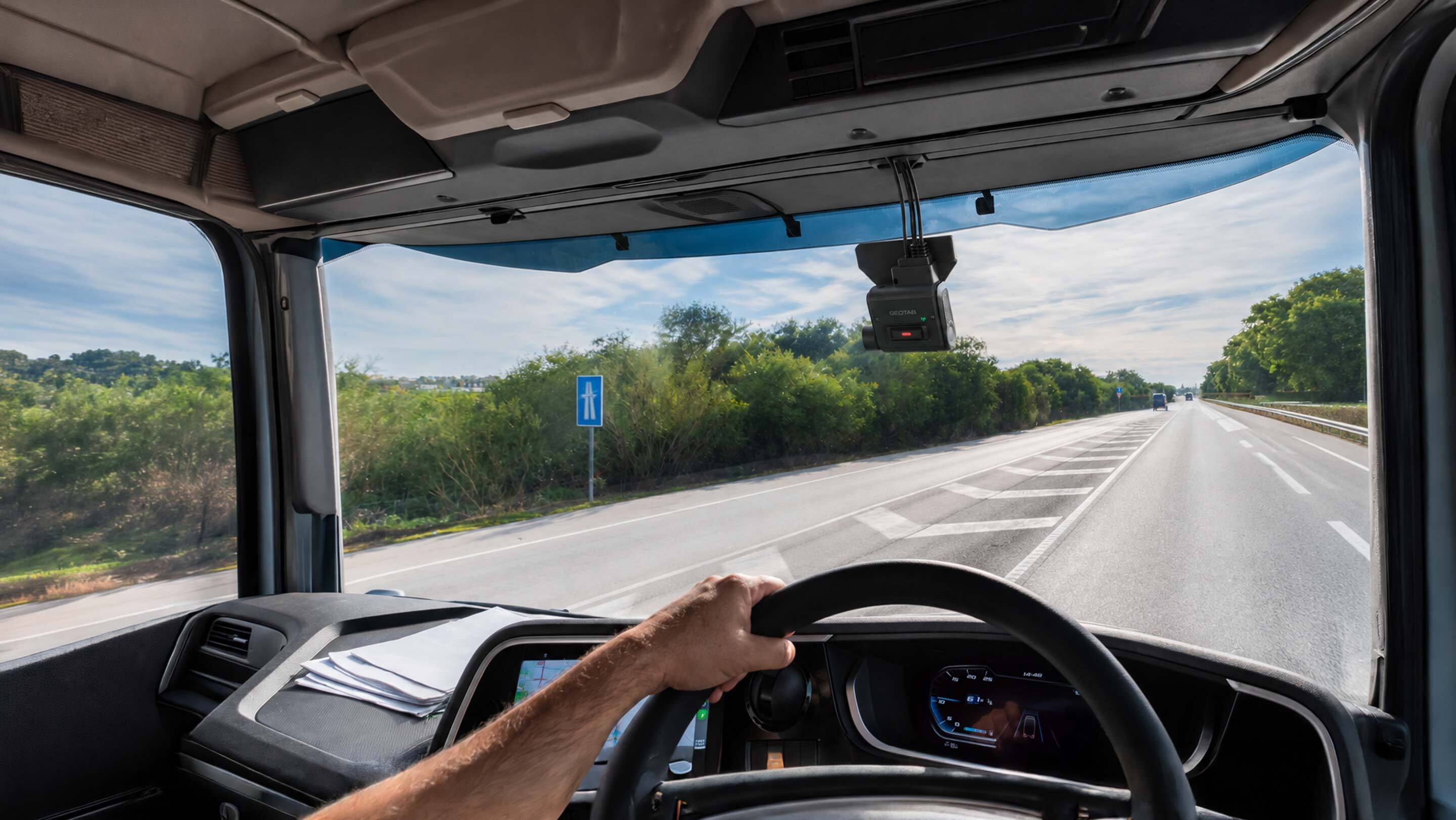 Commercial vans on a European road with a dashcam view overlay