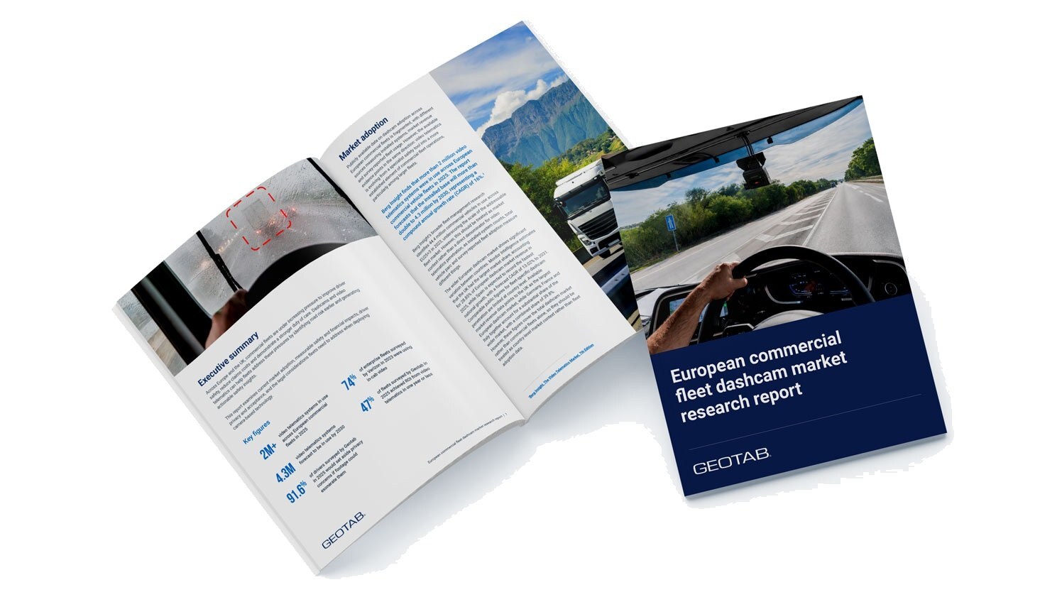 The European commercial fleet dashcam market research report, shown open at the executive summary beside its front cover.