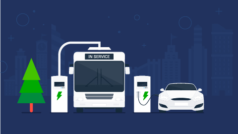Cartoon of an electric bus and car being charged