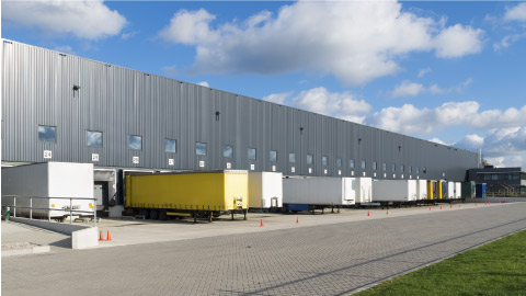 Heavy goods vehicles parked at a distribution centre