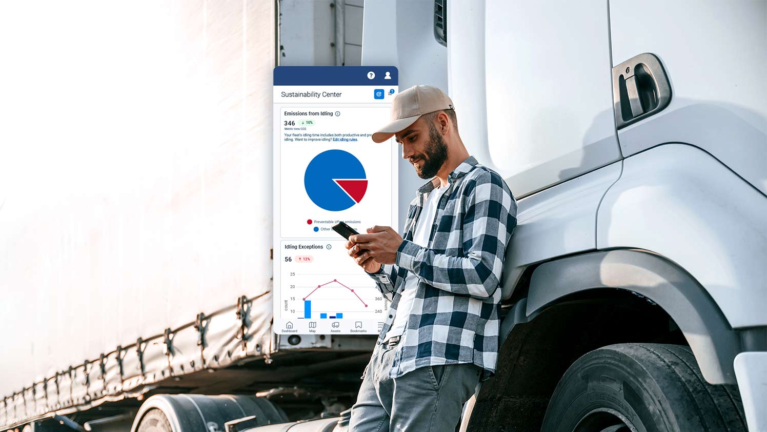 person using mygeotab on cellphone standing next to a truck
