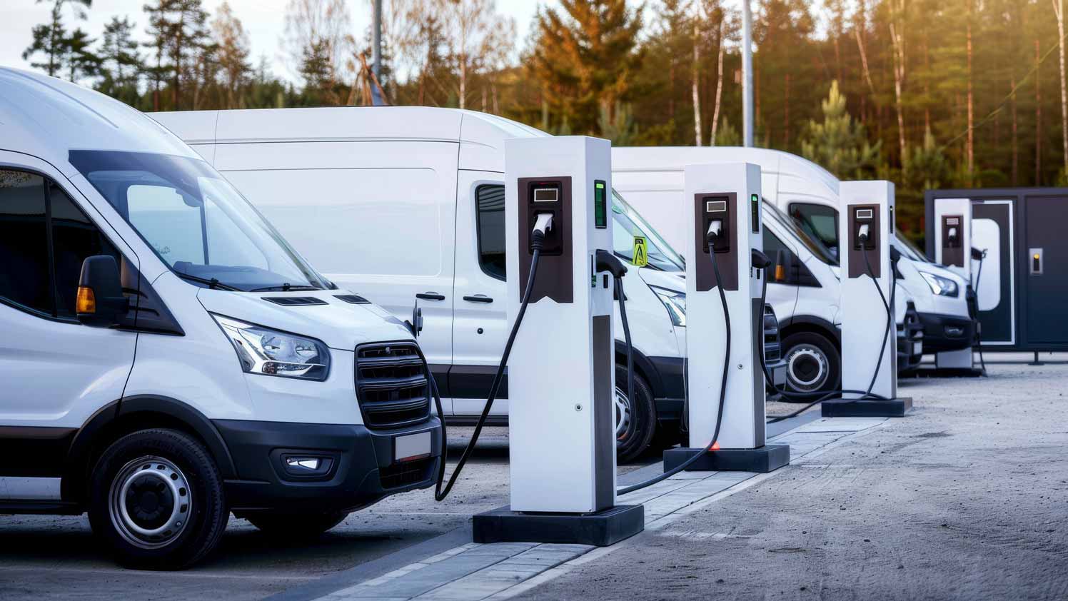 multiple electric vans parked and charging