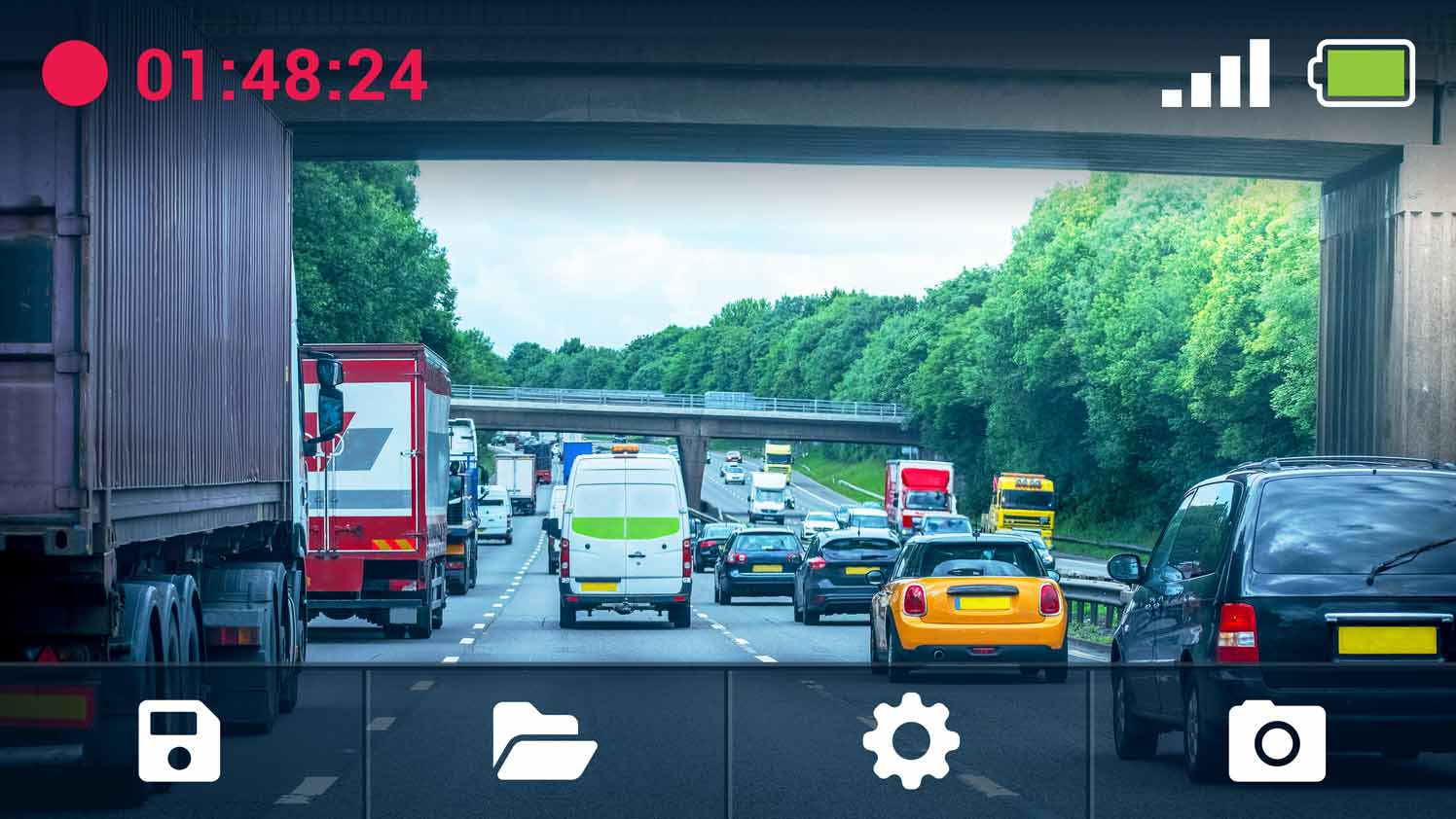 Traffic with dash cam UI overlay