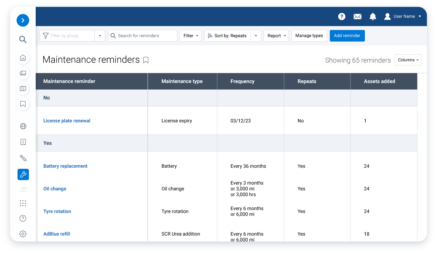 MyGeotab maintenance reminder rules displayed on a white laptop with a callout magnifying some content