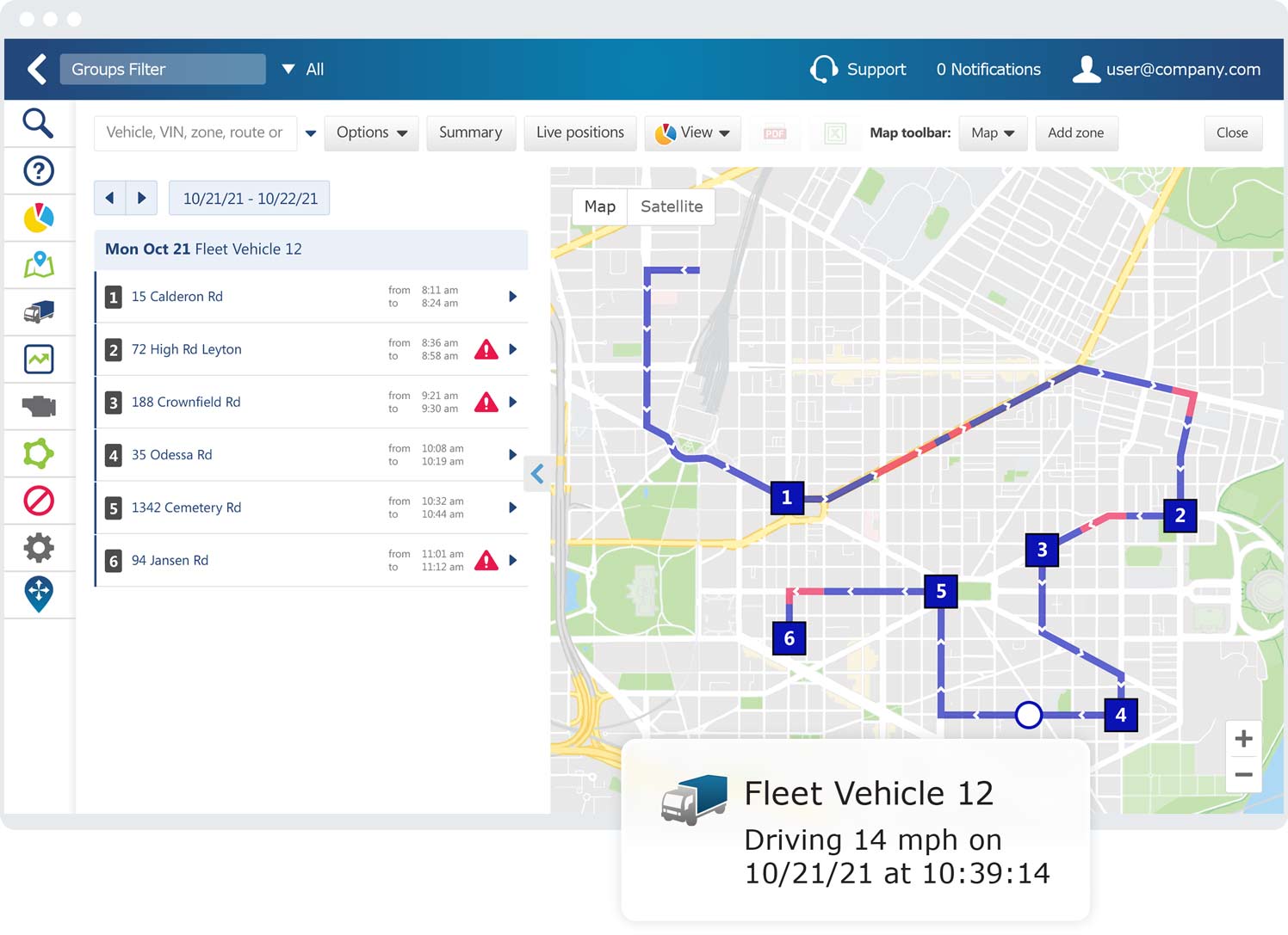 Trips history report in MyGeotab Trips history report in MyGeotab UI in a browser window