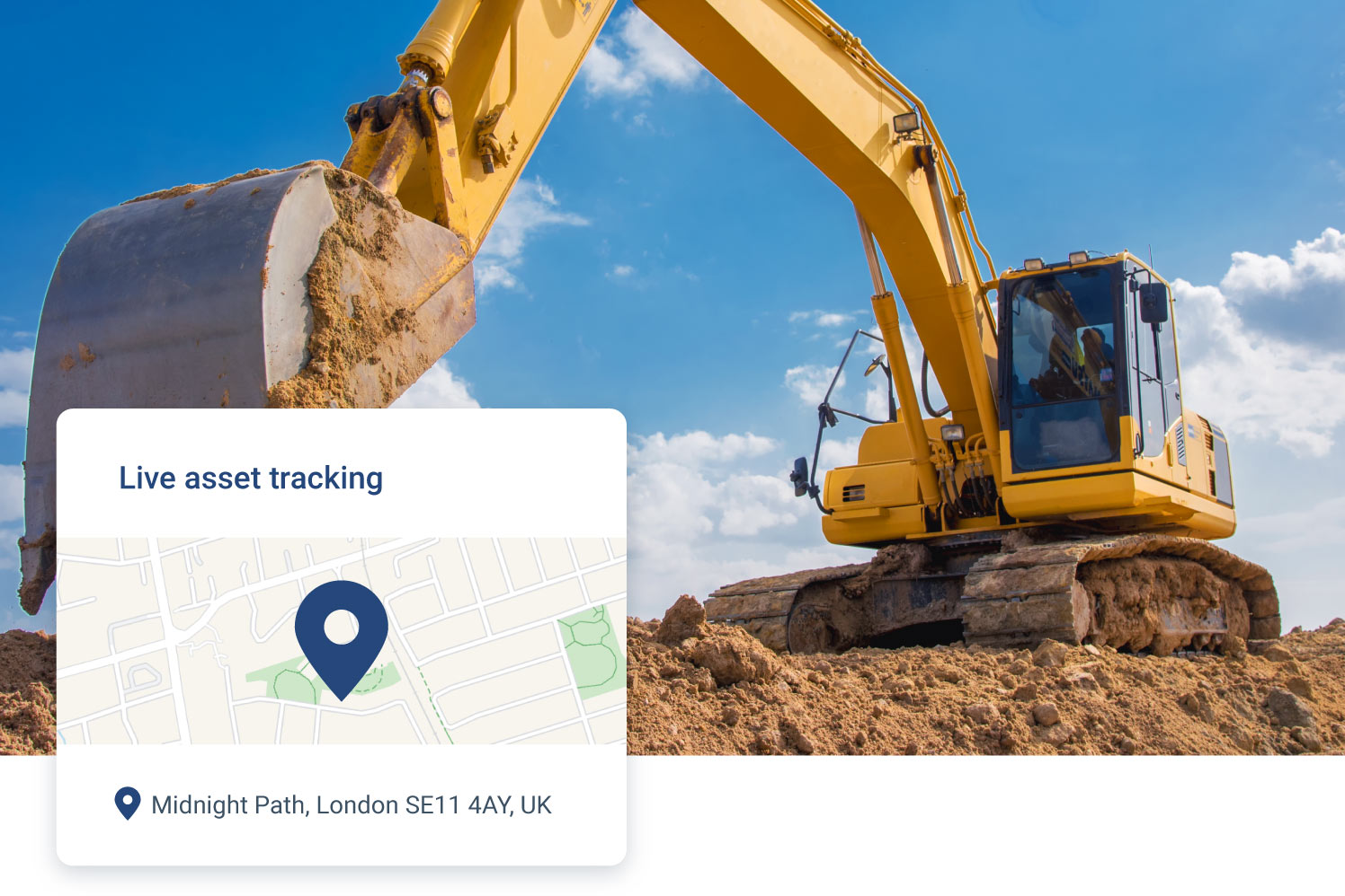 Large yellow construction vehicle with a white GPS symbol above it shoveling dirt 