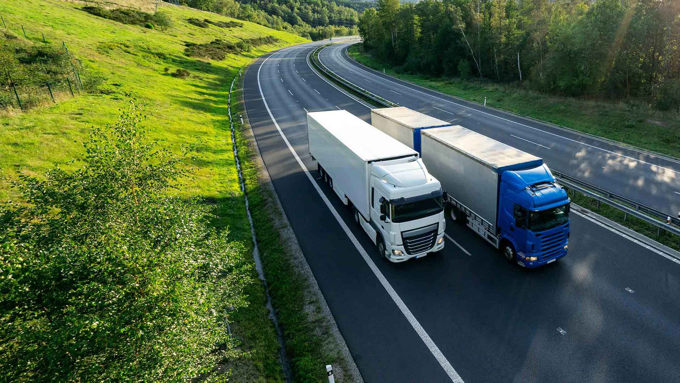 Two trucks, one blue and and one white, driving beside each other