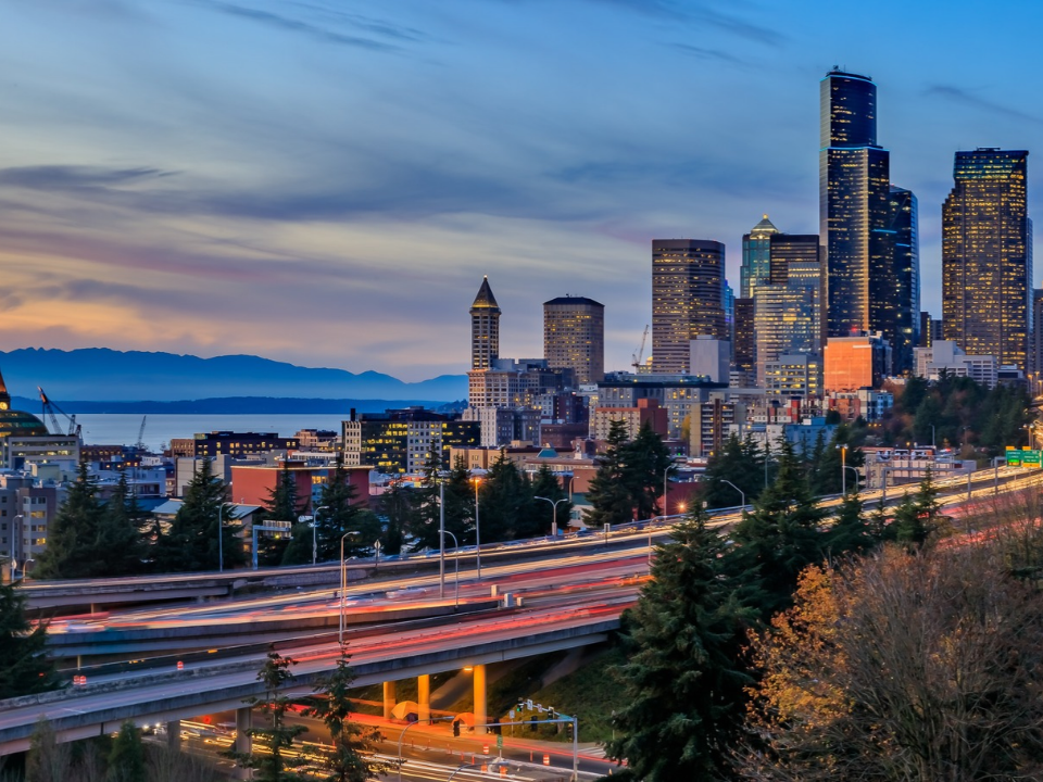 Seattle skyline at sunset.