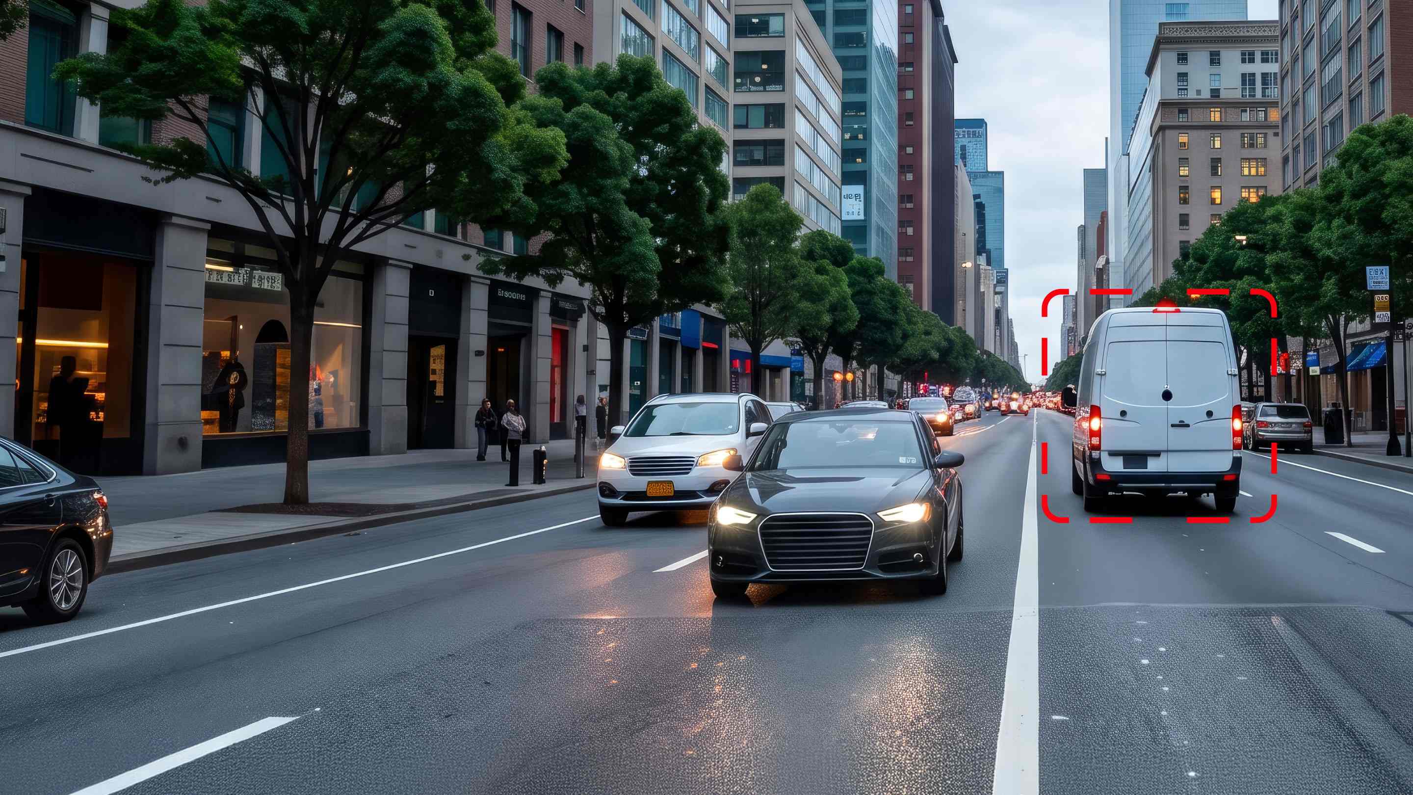 Delivery van highlighted by a safety camera detection box on a busy city street