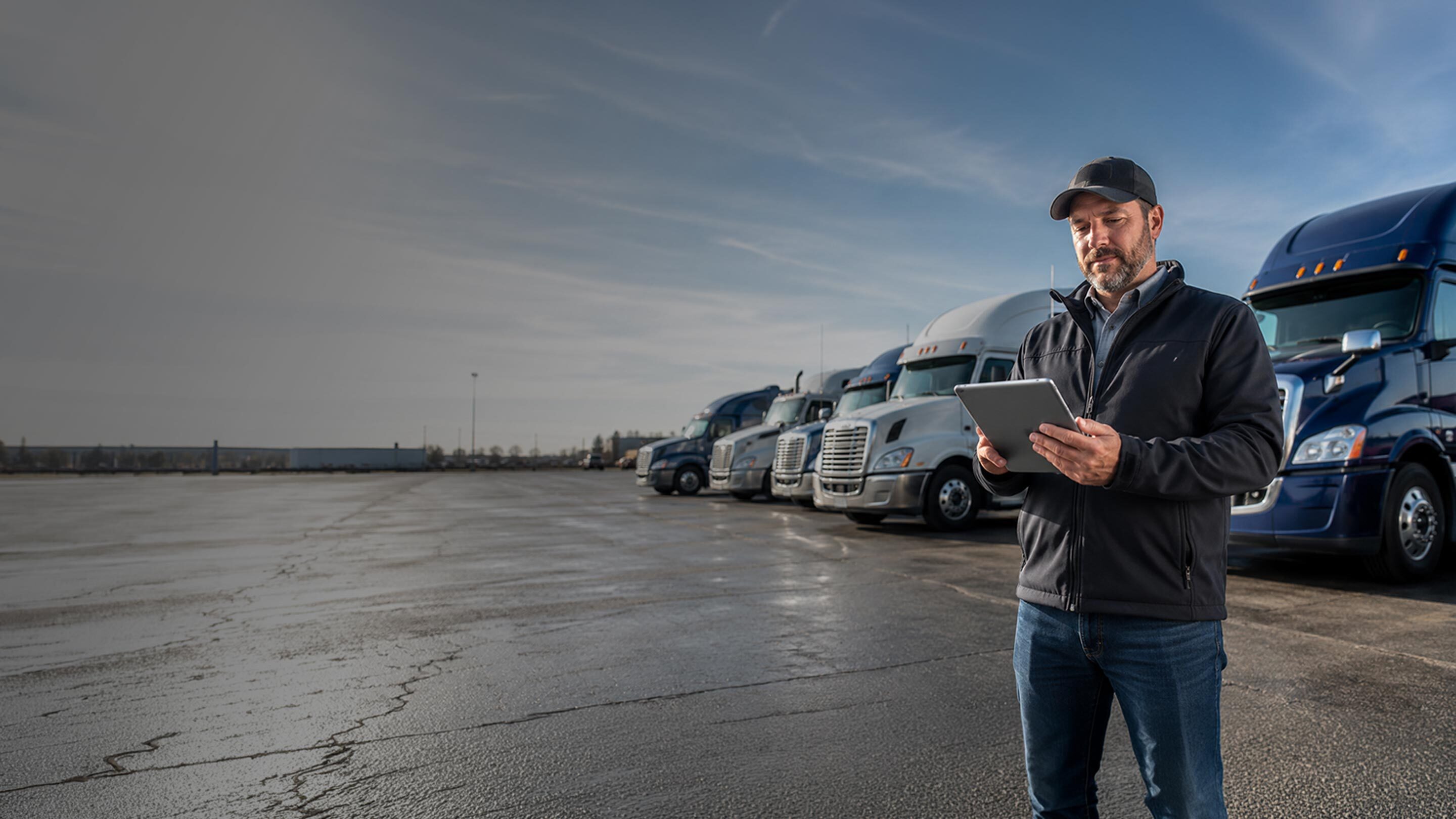 Fleet manager reviewing asset data on a tablet in front of a row of trucks