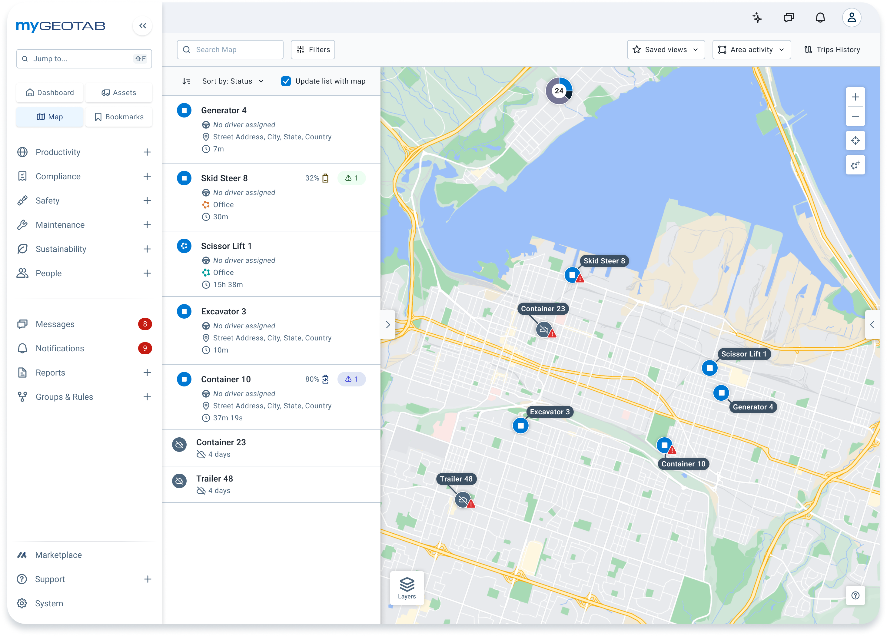 MyGeotab map showing vehicles, trailers and equipment locations