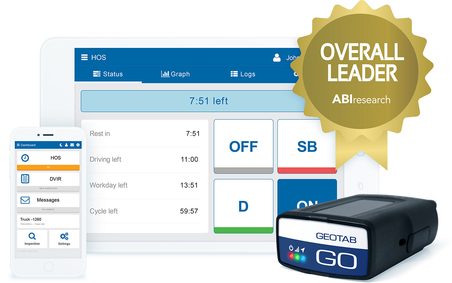 Geotab Drive app on mobile devices, a GO device and the ABI logo