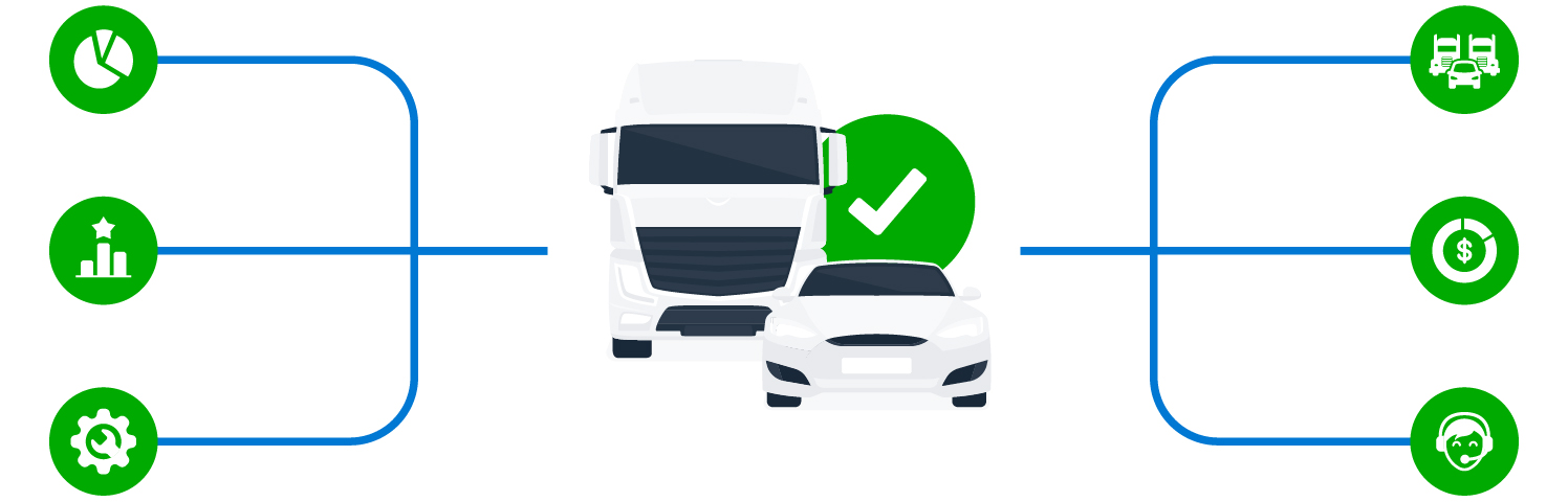 illustration of car and truck with flow chart flowing outwards showing data point