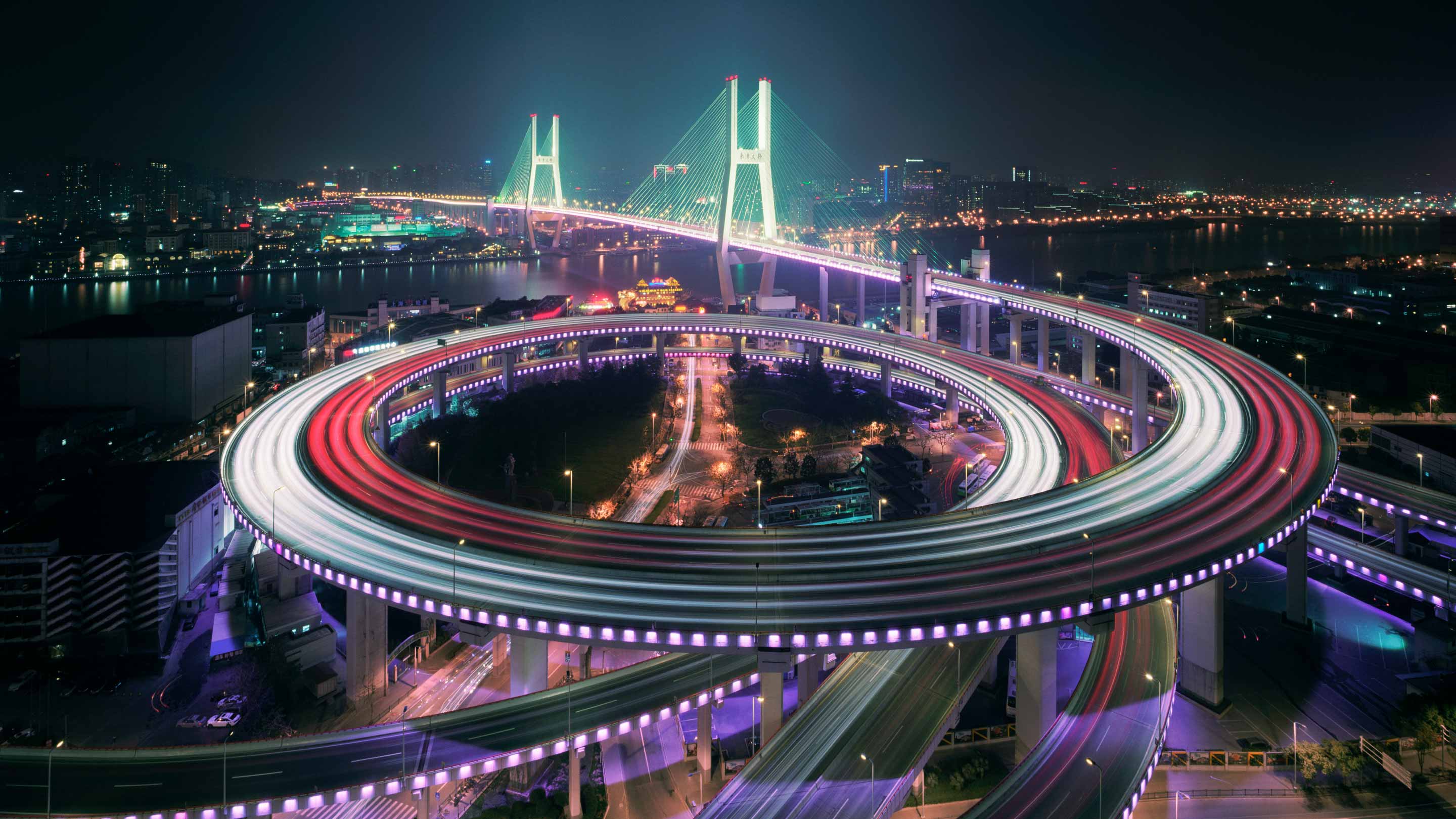 Long exposure of a highway interchange at night