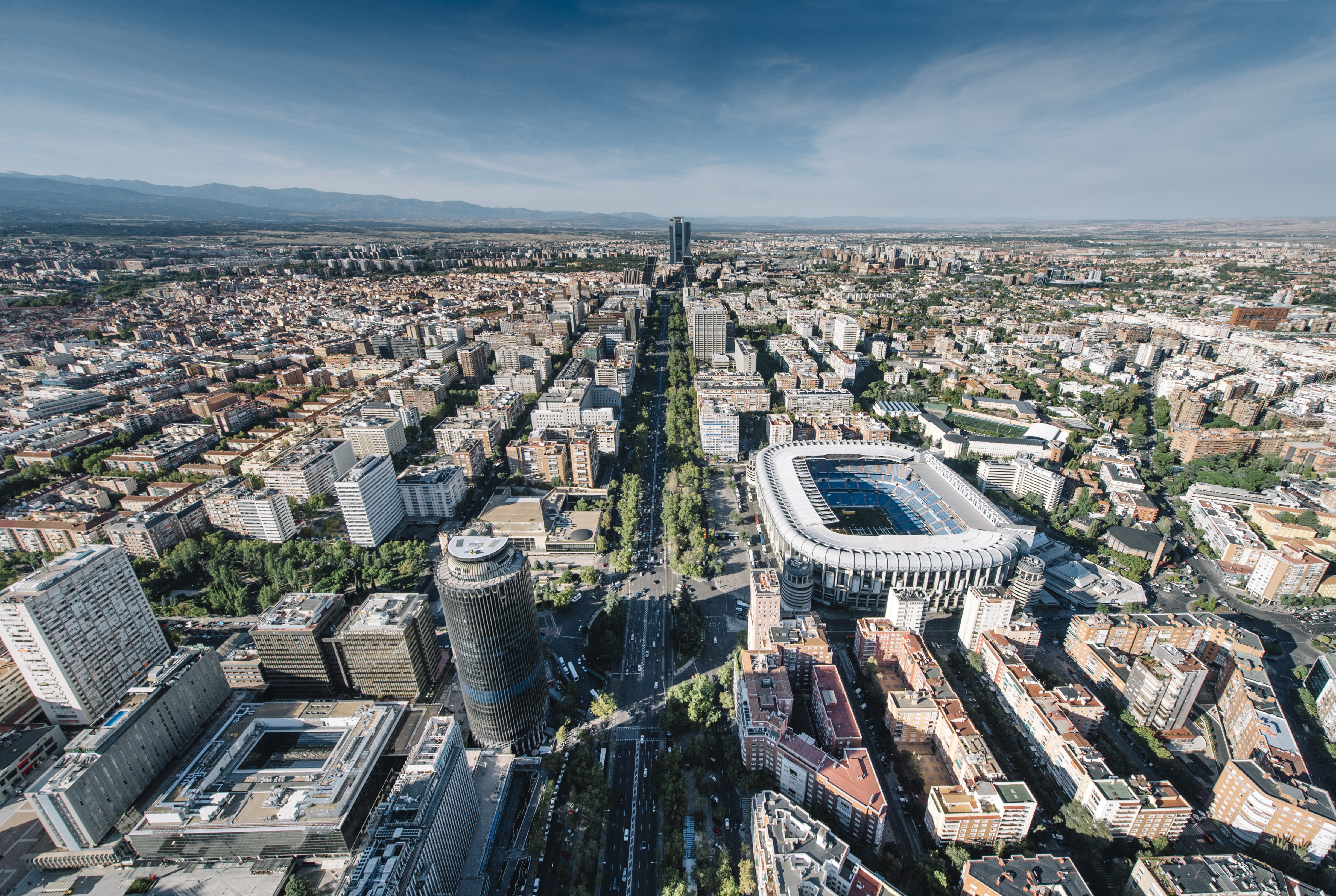 Aerial view of the skyline and cityscape of Madrid, Spain.